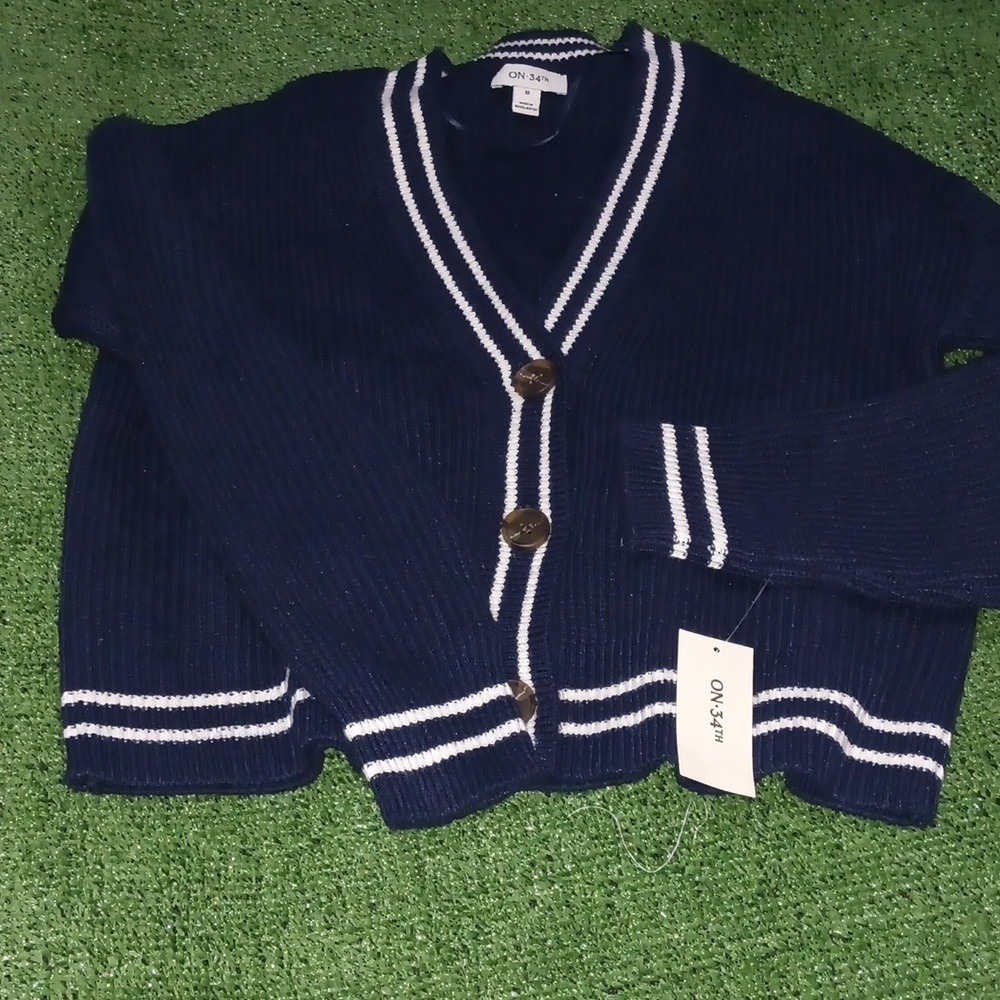 Women's Cardigan navy blue white borders